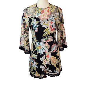 Entro Black Floral Mesh Lined Black Bell Sleave Romper Women's Size M